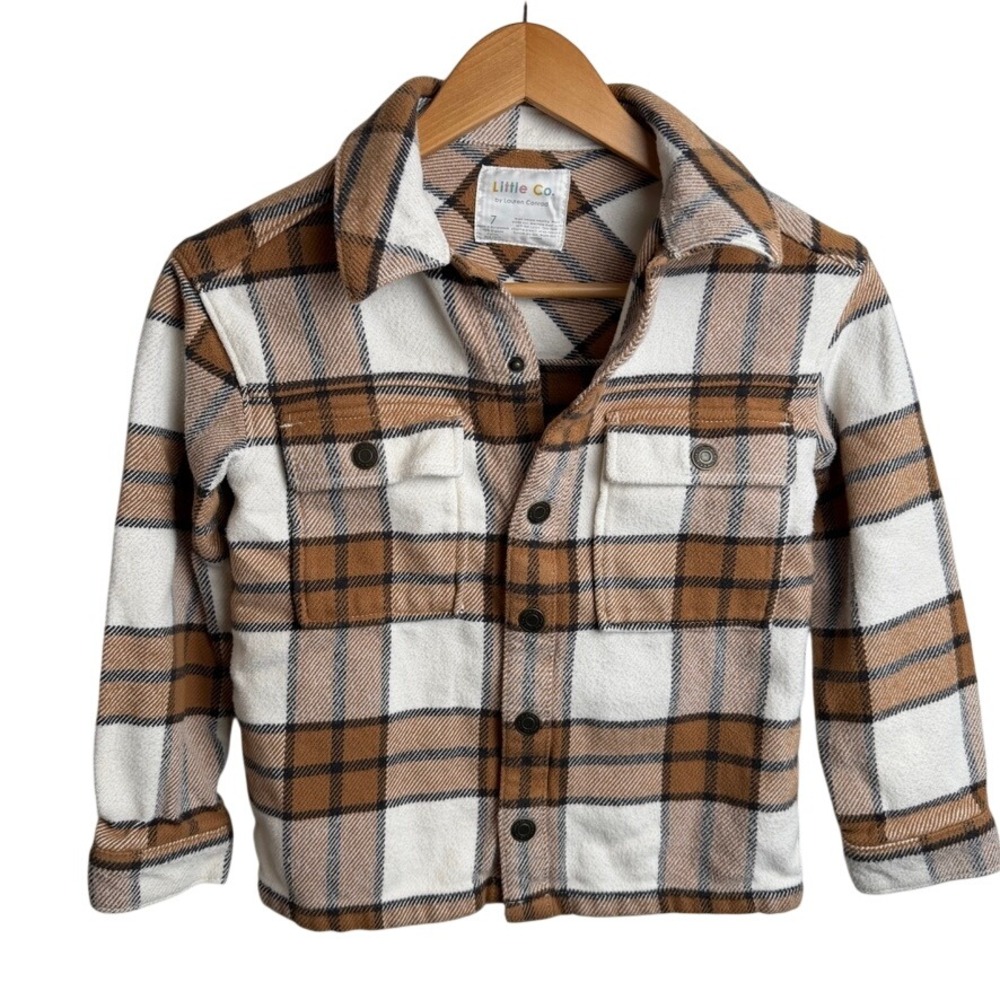 Little‎ Co Kids Plaid Shacket Flannel 7 Brown Organic Cotton Snaps Fall Preppy